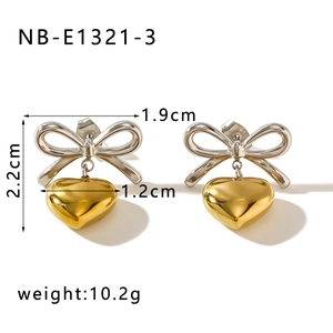 Detail view of bow and heart earrings with precise dimensions and weight specifications