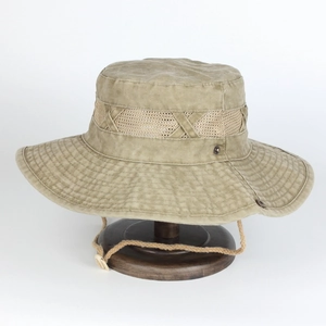 Men's khaki wide brim outdoor sun hat with breathable mesh and adjustable chin strap