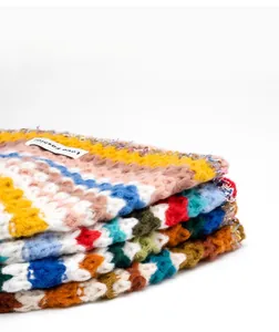 Detailed close-up of thick multi-color striped knitted wool hat with soft texture
