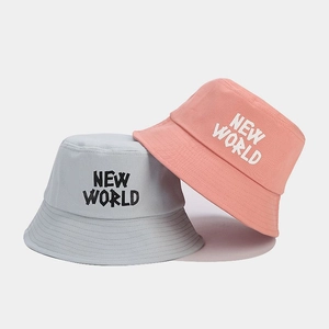 Fashionable cotton bucket hats in light blue and pink with NEW WORLD letter embroidery
