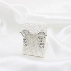 Detailed macro shot of silver titanium steel earrings with white zircon on silk background