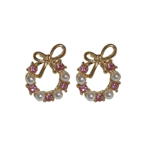Bow wreath earrings in gold with pink cubic zirconia and white pearls for women