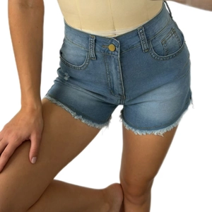 Close-up of light blue high-waisted denim shorts featuring frayed hems and washed details