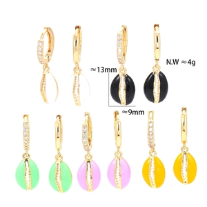 Detail view of colorful enamel shell drop earrings with cubic zirconia gold hoops