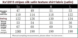 Detailed size chart for striped satin blouse showing measurements in centimeters