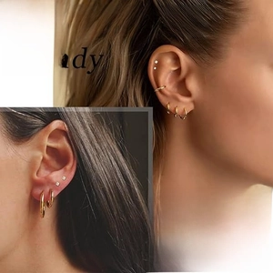 Fashionable 14K gold plated earrings set with trendy hoops and studs on model