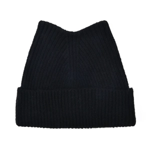 Close-up of black chunky rib-knit cat ear beanie showing thick warm texture details