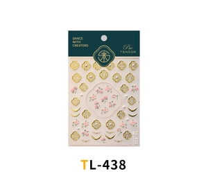 Detail of TL-438 nail stickers with gold window patterns and pink floral designs