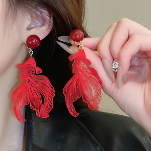 Vintage Goldfish Hollow Dangle Earrings Red Bead Koi Design Chinese Style Jewelry For Women Elegant Novelty