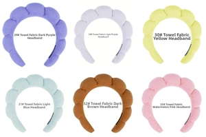 Detailed grid view of six colored sponge headbands made of soft terry cloth material