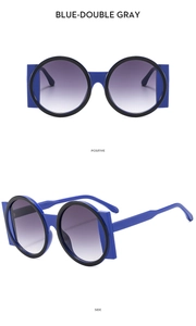 Blue square-round sunglasses with purple gradient lenses and geometric decorative temples
