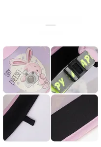 Detail of pink cartoon rabbit sun hat featuring adjustable strap and breathable mesh liner
