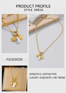 Detail of gold starfish and pineapple pendants with baroque pearl on beaded chain