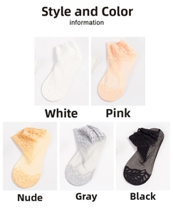 Detailed display of thin lace mesh socks in white pink nude grey and black colors
