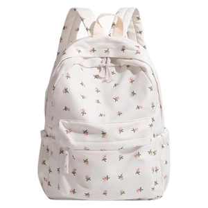Japanese style white floral backpack for women with pink flower patterns and front pocket