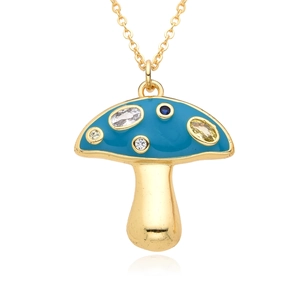 Detailed close-up of a mushroom pendant featuring blue enamel and colorful zircon stones