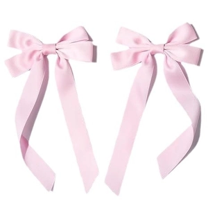 Set of two pink silk satin ribbon hair bows with long streamers for elegant girls' hairstyle