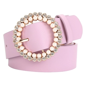Purple faux leather belt for women featuring a gold round buckle with pearls and rhinestones
