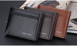 Three men's slim bifold wallets in black, dark brown, and tan showing leather texture