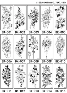 Detailed grid of 15 black and white floral sketch tattoo stickers with dimensions