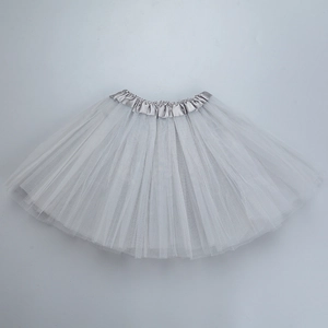 Flat lay of gray layered tulle tutu skirt with elastic satin waistband and A-line silhouette