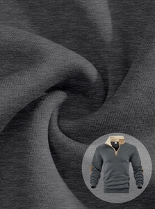 Detail of dark grey knit fabric texture on men's vintage half-zip sweatshirt