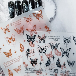 Autocollants 5D pour ongles avec papillons gothiques orange et noirs et textes poétiques