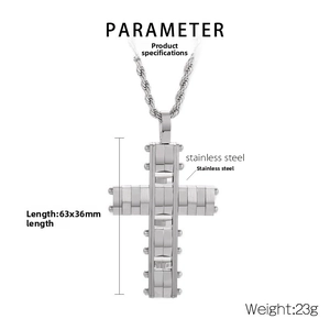 Detail view of a stainless steel industrial cross pendant with dimensions 63x36mm