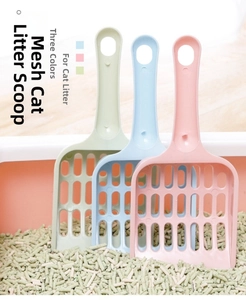 Detailed view of large long-handle plastic cat litter scoops in pink, blue, and green colors