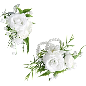 White rose boutonniere and wrist corsage set with pearls for wedding and ceremonies
