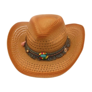 Brown woven cowboy hat with turquoise stone and colorful bead trim for beach travel