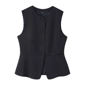 Black sleeveless suit vest for women with ruffles and a single-breasted button-up front