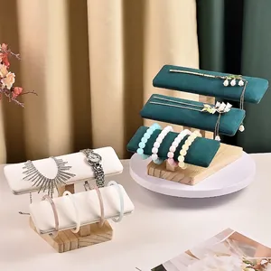 Multi-tier wood jewelry stand with velvet bars for watches, bracelets, and necklaces