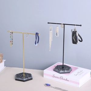 Metal Jewelry Display Stand Rack T-Shape Tree Marble Pattern Base For Necklace Earring Ring Bracelet Desktop Organizer
