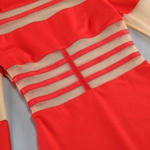 Close-up of red mesh patchwork detail with horizontal stripe accents on a bodycon dress