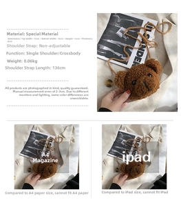 Detail view of brown plush bear crossbody bag with size specs 13x11x6cm and 0.06kg weight