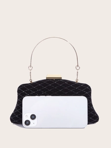 Detail of black rhinestone evening clutch with gold metal handle and size reference