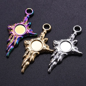 Three flame-shaped 304 stainless steel pendants in rainbow, gold, and silver finishes
