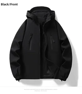 Front view of black hooded softshell jacket with waterproof zippers and adjustable hem