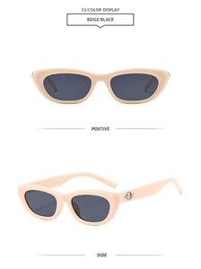Detail view of beige cat eye sunglasses with silver planetary temple decor and black lenses