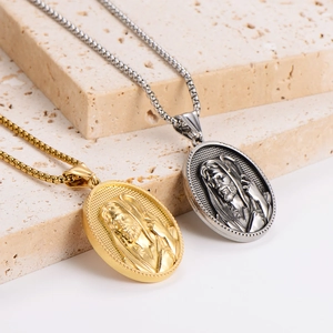 Religious pendant necklaces in gold and silver finish with detailed portrait relief