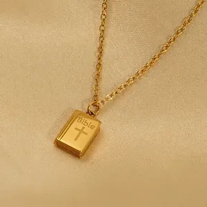 18K gold plated titanium steel Bible book pendant necklace with cross on satin
