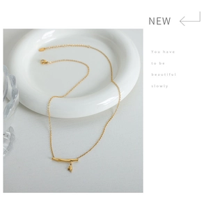 Détail d'un collier en acier titane doré avec pendentif branche de bambou sur plat blanc