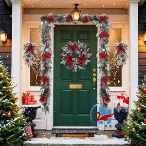 Detailed Christmas decor set featuring frosted pine garlands, swags, and wreath with red flowers