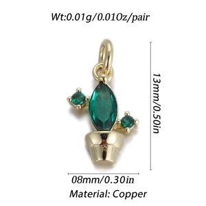 Macro shot of 14k gold-plated cactus pendant with green zircon inlay and size details