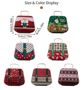Size and color display of seven Christmas mini tinplate gift boxes with festive patterns