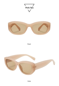 Front and side view of square pink frame sunglasses with textured temples and tea lenses