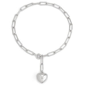 Close-up of silver paperclip chain necklace featuring a polished heart pendant detail