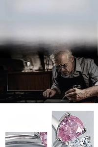 Detail of hand-set pear-cut pink zircon ring with polished silver finish and white stones