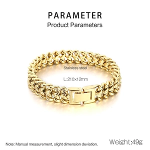 Polished gold stainless steel men's chain bracelet with 210mm length and 12mm width details
